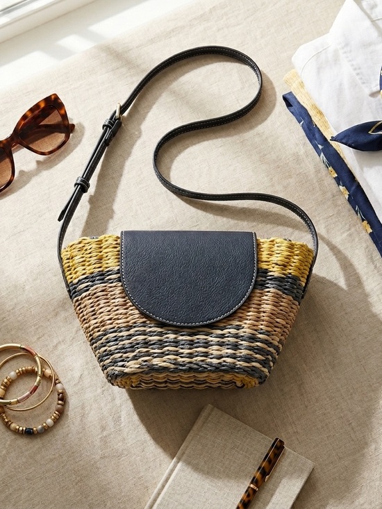 Universal Thread Handbags - Universal Thread Woven Straw Crossbody with Blue Flap